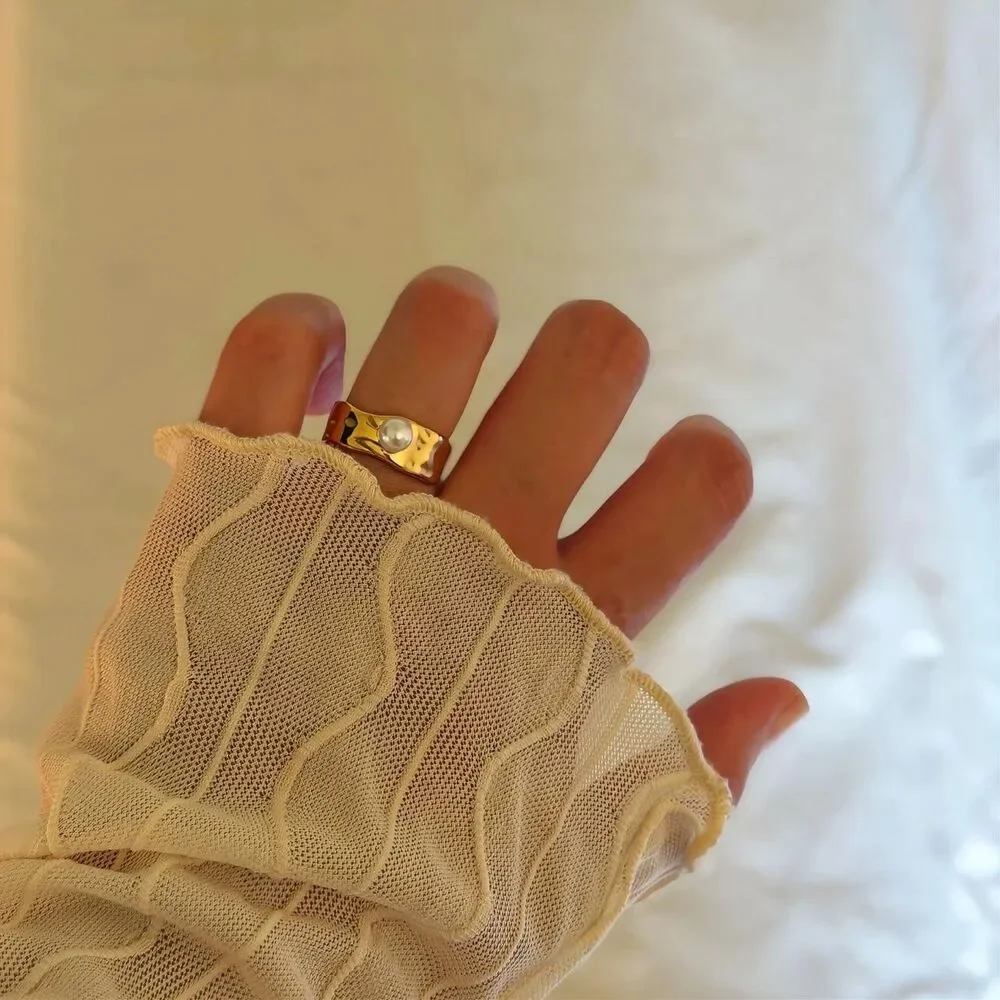 Gold Pearl Wide Band Statement Ring
